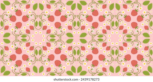 Seamless pattern design highlighting strawberries, cute berries, flowers, green foliage. Repetitive surface design suitable for apparel, fabrics, wrapping paper, and other purposes.