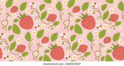 Seamless pattern design highlighting strawberries, cute berries, flowers, green foliage, and a small bee. Repetitive surface design suitable for apparel, fabrics, wrapping paper, and other purposes.