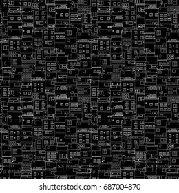 Seamless pattern design with houses in black and white