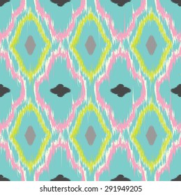 Seamless pattern design in ikat style, perfect for fabric prints, object surfaces, web backgrounds etc. Fully editable eps vector.
