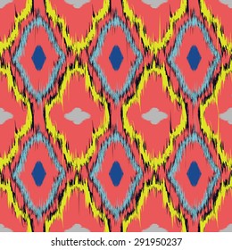 Seamless pattern design in ikat style, perfect for fabric prints, object surfaces, web backgrounds etc. Fully editable eps vector.