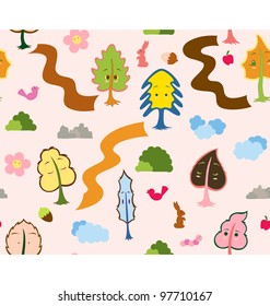 A seamless pattern design illustrated with a group of tree leaves characters, each with their own expression and they are surrounded with animal and nature that normally seen in the forest.