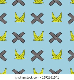 seamless pattern design illustration of bananas and duct tape. blue background. for fruit wallpapers and graphic design needs. can print on fabric / shirt.
