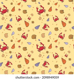 seamless pattern design illustration of crabs and shells on the beach