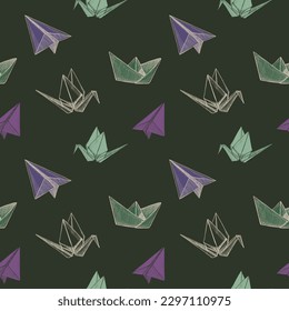 Seamless pattern design with illustration of origami plane, crane and boat, vector hand drawn seamless pattern template