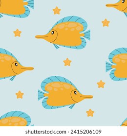 Patrón sin foco para el diseño con ilustración de peces marinos de color amarillo. Fondo con ilustración marina.