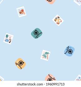 Seamless pattern design with instant cameras and photos of summer memories.  Seamless design with simple trendy illustrations.