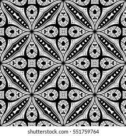 Seamless pattern design. Intricate floral background. Complex damask ornament. Vintage black white vector illustration. Luxury wallpaper, fabric, paper, invitation print. Stylized flower decoration.