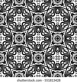 Seamless pattern design. Intricate floral background. Complex damask ornament. Vintage black white vector illustration. Luxury wallpaper, fabric, paper, invitation print. Stylized flower decoration.