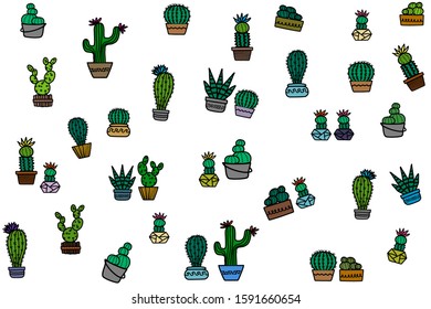 Seamless pattern design isolated on white background. There’re cute cactus in pots with hand drawing doodle style. Colorful cactus for fabric, wallpaper, backdrop and etc.