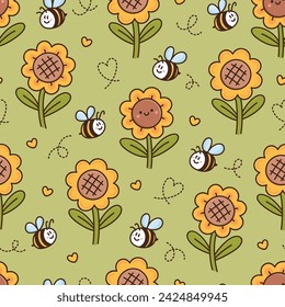 Seamless pattern design with kawaii flower sunflower, cute bee, heart. Cartoon vector illustration on green background. Print for stationery supplies, decor, textile, packaging, wrapping paper etc.