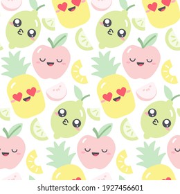 Seamless pattern design with kawaii fruits in pastel colors. Funny illustration with cute fruit characters for kids clothes. Drawing of apple, pineapple and lime