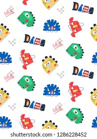 Seamless pattern design for kids,  Cartoon dinosaurs head, T-rex, Diplodocus, Triceratops, Pterodactyl isolated on white background illustration vector.