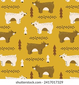 seamless pattern design for kids fashion with bear cartoon drawing as vector