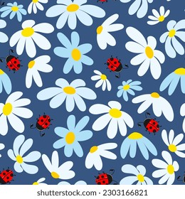 Diseño de patrones impecable de mariquita y cabeza floral sobre fondo azul. Ilustración en vectores para tarjetas textiles y otros.