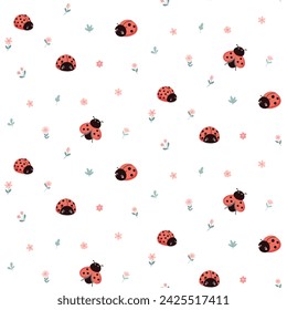 Seamless pattern design with ladybugs and flowers