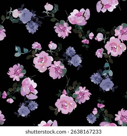 seamless pattern design, large and small rosebud pattern. blue and pink color mix, for textile print ideas and background images.
