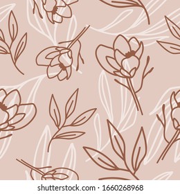 Seamless pattern design with leaf twig and Magnolia flower on pink background. Doodles and sketches vector illustrations.