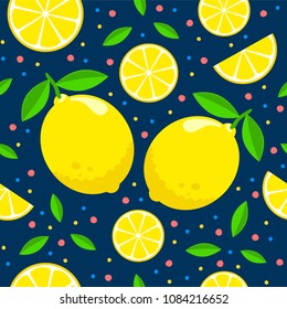 Seamless pattern design with lemonson dark blue background. Can be used as background, on packaging paper or textile. Flat style editable vector graphics illustration. 