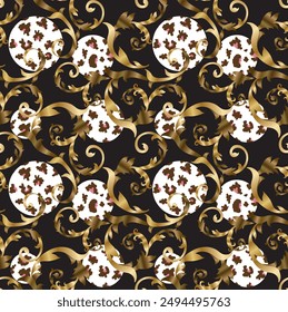 Seamless pattern design with leopard skin spots and baroque ornaments. Golden baroque ornamental design with leopard skin texture black background.