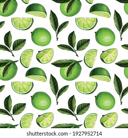 Seamless pattern design with lime illustrations. Whole limes with slices and leaves. Can be used for printing on fabric, paper, clothes, wallpapers