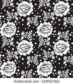 Seamless pattern design with little flowers on Black and white
