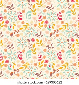 Seamless pattern design with little flowers, floral elements, birds, vector illustration