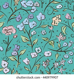 Seamless pattern design with little spring flowers, freehand doodle digital drawing art, retro style floral repeating surface pattern for web and print use.