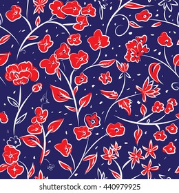 Seamless pattern design with little spring flowers, freehand doodle digital drawing art, retro style floral repeating surface pattern for web and print use.