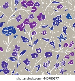 Seamless pattern design with little spring flowers, freehand doodle digital drawing art, retro style floral repeating surface pattern for web and print use.