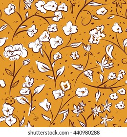 Seamless pattern design with little spring flowers, freehand doodle digital drawing art, retro style floral repeating surface pattern for web and print use.