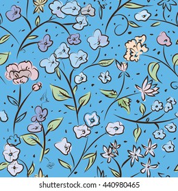 Seamless pattern design with little spring flowers, freehand doodle digital drawing art, retro style floral repeating surface pattern for web and print use.