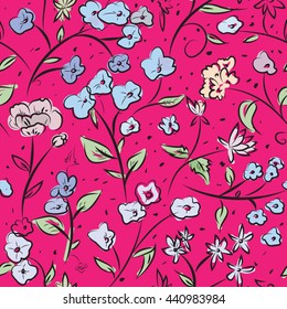 Seamless pattern design with little spring flowers, freehand doodle digital drawing art, retro style floral repeating surface pattern for web and print use.
