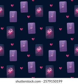 Seamless pattern design with love tarot cards. Romantic, magic love, 14 February concept. Vector illustrations for scrapbooking, wrapping paper, background, wallpaper.	