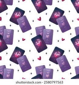 Seamless pattern design with love tarot cards. Romantic, magic love, 14 February concept. Vector illustrations for scrapbooking, wrapping paper, background, wallpaper.	