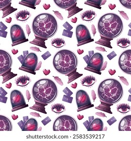 Seamless pattern design with magic crystal ball, heart in a glass globe, love eye. Romantic, magic love, valentine's day, esoteric concept. Vector illustrations for scrapbooking, background.