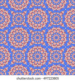 Seamless pattern design. Mandala round elements. Ethnic colorful background. For textile, print, carpet and other decoration