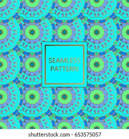 Seamless pattern design. Mandala round elements. Ethnic colorful background. For textile, print, carpet, wallpaper, package.