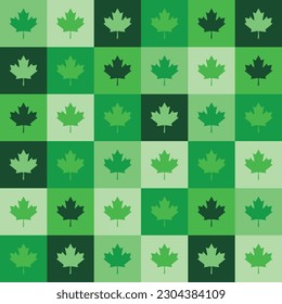 Seamless pattern design of maple leaf in square blocks. With green colors, theme of the Canada Day. Decorating for wrapping paper, wallpaper, fabric, backdrop and etc.