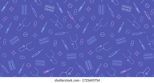Seamless pattern design with medical or pharmacy elements on blue background for package print, wrapping paper, fabric, texture, textile  decoration. Doctor or hospital theme vector illustration.