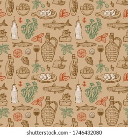 Seamless pattern design with mediterranean traditional food - olive oil, vegetables, cheese, herbs and seafood. Graphic vector illustration.