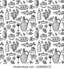 Seamless pattern design with mediterranean traditional food - olive oil, vegetables, cheese, herbs and seafood. Black and white graphic vector illustration