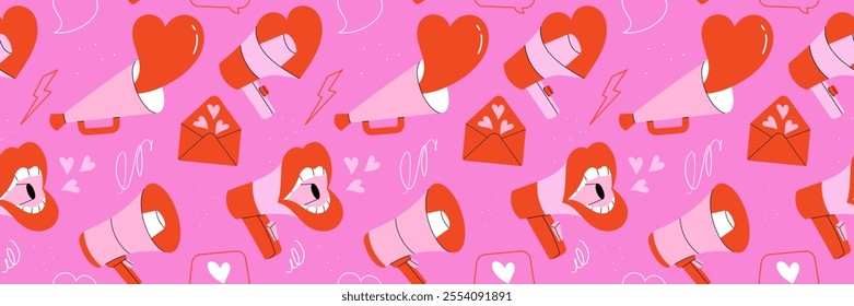 Seamless pattern design with megaphones and loudspeakers. Playful and bold design, communication and romance themes.
