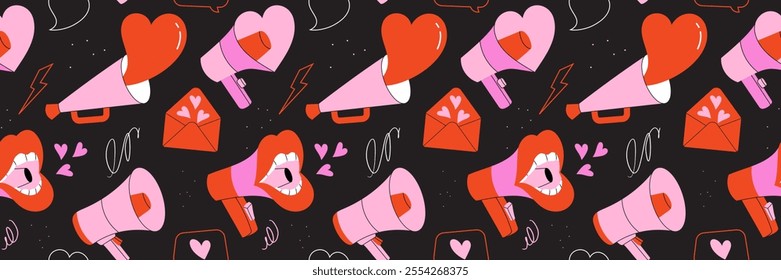 Seamless pattern design with megaphones and loudspeakers. Playful and bold design, communication and romance themes.