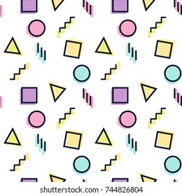 Seamless pattern design - memphis style colorful shapes and lines