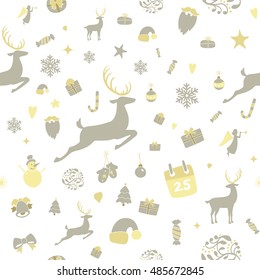Seamless pattern design. Merry Christmas card decoration. Happy New Year design elements. Vintage ornament of yellow golden red deer, bell, snowflake, ribbon, Christmas tree. Vector icons set.