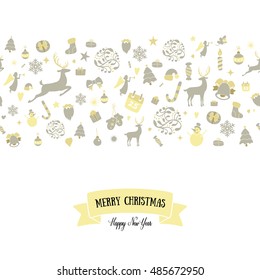 Seamless pattern design. Merry Christmas card decoration. Happy New Year design elements. Vintage ornament of yellow golden red deer, bell, snowflake, ribbon, Christmas tree. Vector icons set.