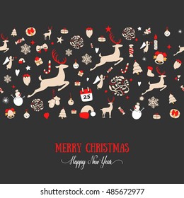Seamless pattern design. Merry Christmas card decoration. Happy New Year design elements. Vintage ornament of black red deer, bell, snowflake, ribbon, Christmas tree, snowman. Vector icons set.
