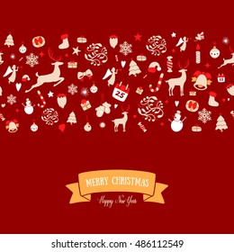Seamless pattern design. Merry Christmas card decoration. Happy New Year design elements. Vintage ornament of red yellow deer, snowflake, ribbon, bow, Christmas tree, snowman. Vector icons set.
