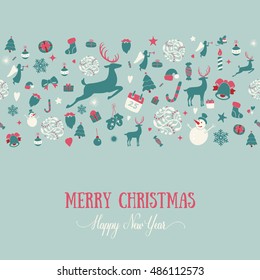 Seamless pattern design. Merry Christmas card decoration. Happy New Year design elements. Vintage ornament of red blue deer, bell, snowflake, ribbon, bow, Christmas tree, snowman. Vector set.

